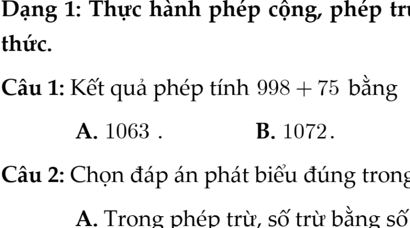 Bộ Trắc Nghiệm Toán 6 – Từng Bài - Đầy Đủ - Bài 4: PHÉP CỘNG VÀ PHÉP TRỪ SỐ TỰ NHIÊN